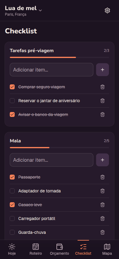 Tela de checklist com as tarefas pré-viagem e os itens da mala