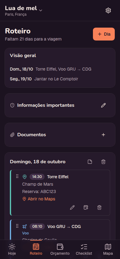 Tela de roteiro com os dias da viagem e as atividades de cada um