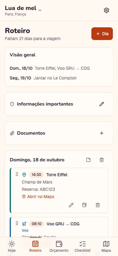 Tela de roteiro com os dias da viagem e as atividades de cada um